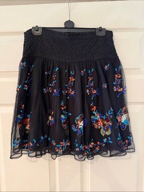 Anthropologie Black Embroidered Circle Skirt with Blue & Orange Accents